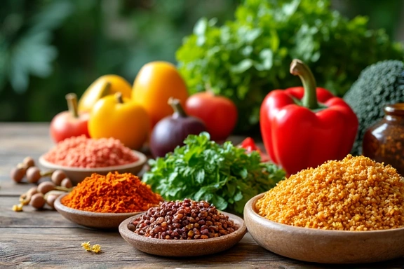 A vibrant image of diverse, healthy Indonesian food ingredients arranged artfully on a wooden table, symbolizing NutriLife Indonesia's journey and commitment to local dietary habits.
