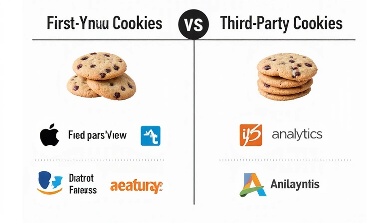 Illustration of various types of cookies, distinguishing between first-party and third-party