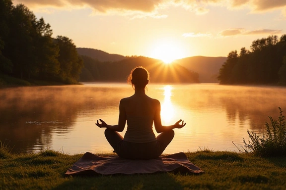 A person meditating by a serene lake, symbolizing mental wellness